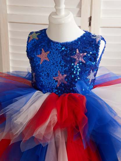Blue Knee-length Girl Dress with Star Sequins and Tulle