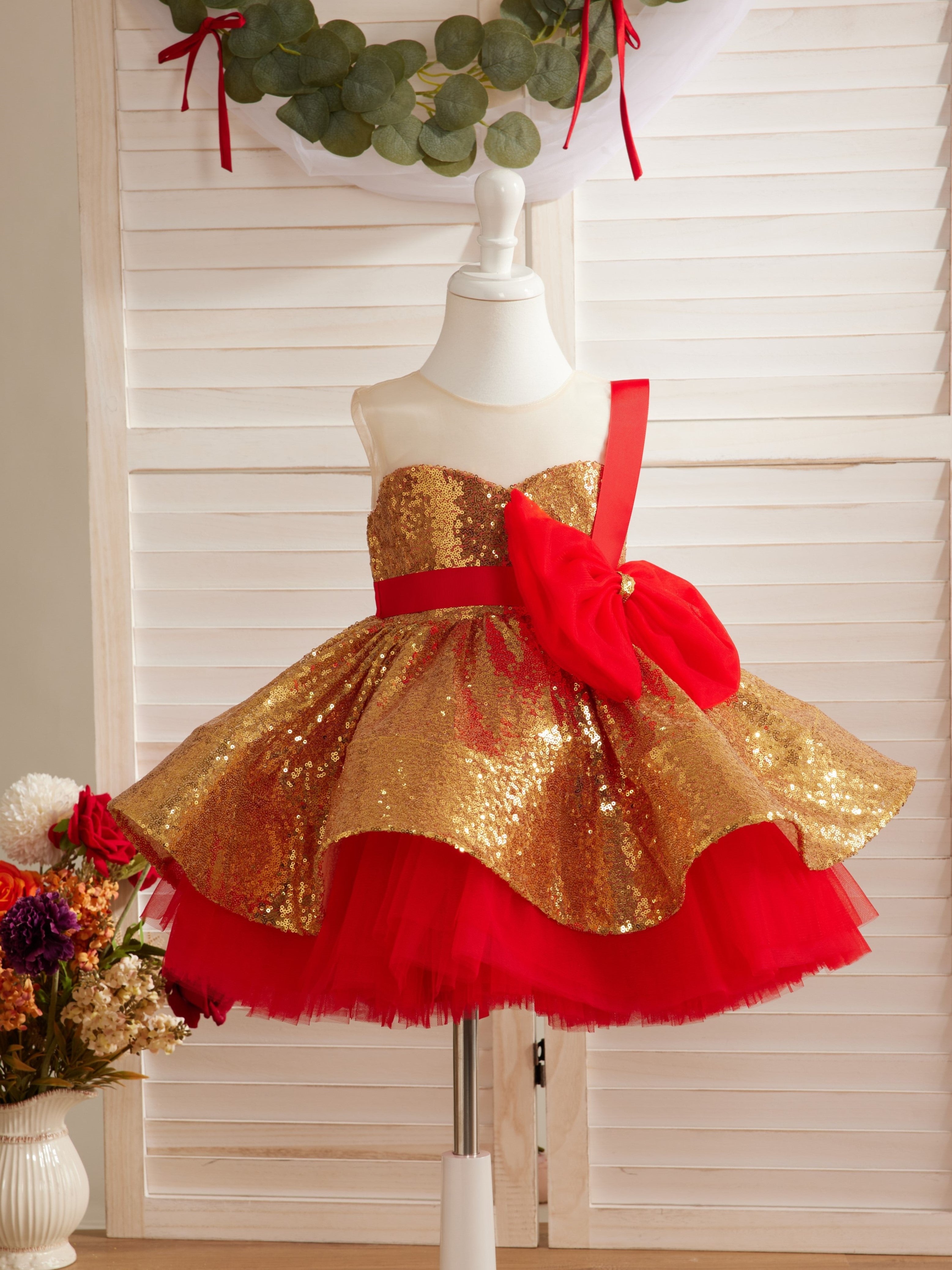 Elegant Red and Gold Sequin Dress for Baby Girls