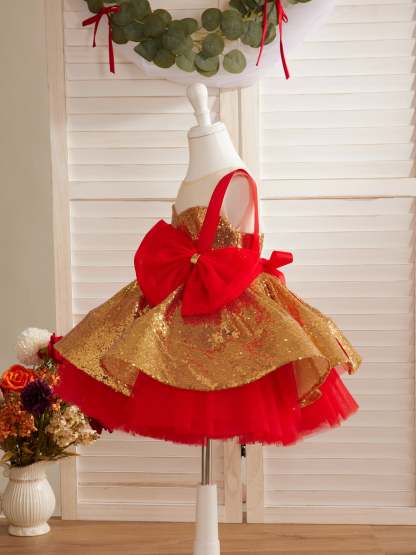 Elegant Red and Gold Sequin Dress for Baby Girls