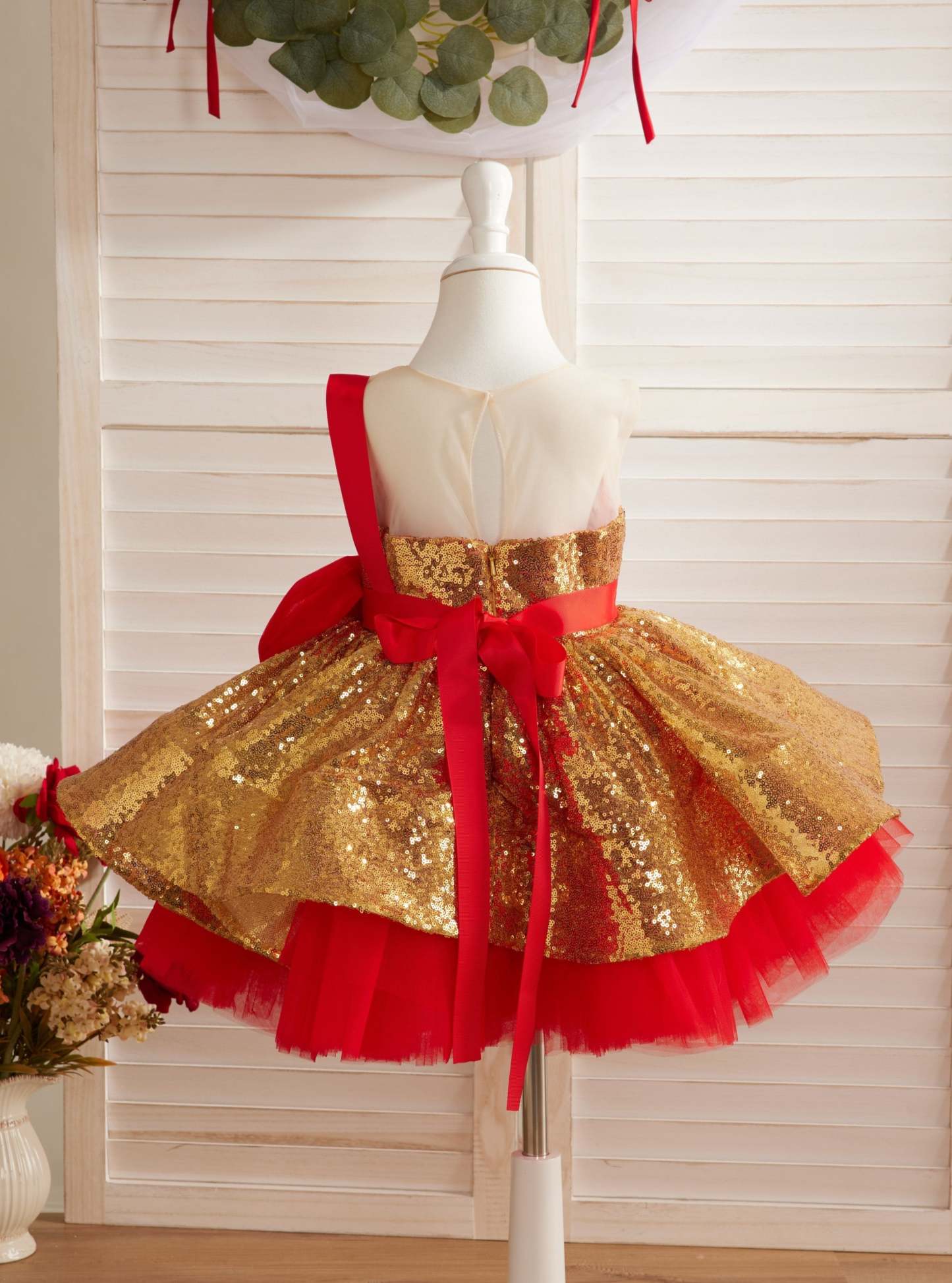 Elegant Red and Gold Sequin Dress for Baby Girls