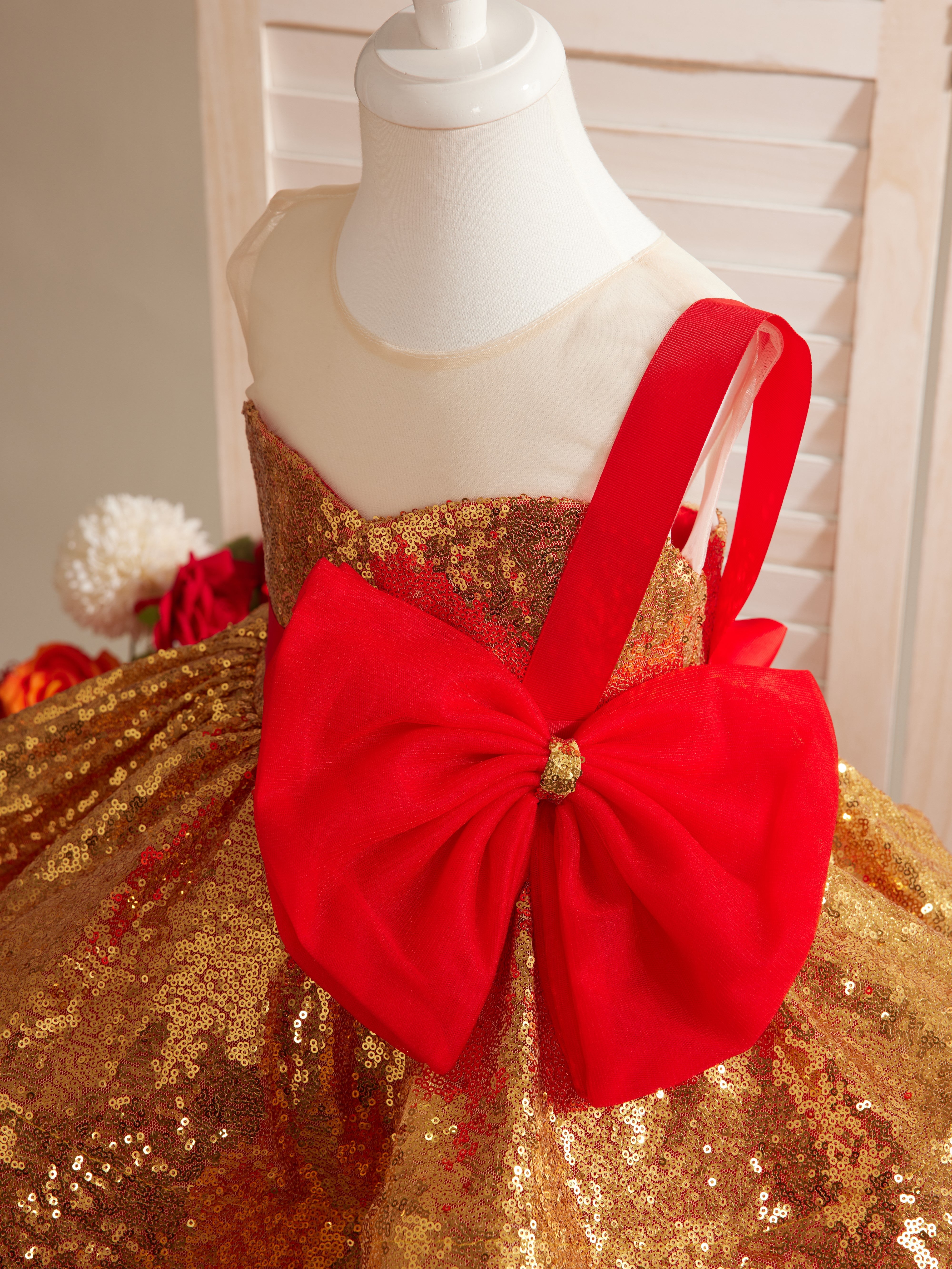 Elegant Red and Gold Sequin Dress for Baby Girls