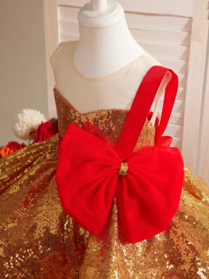 Elegant Red and Gold Sequin Dress for Baby Girls