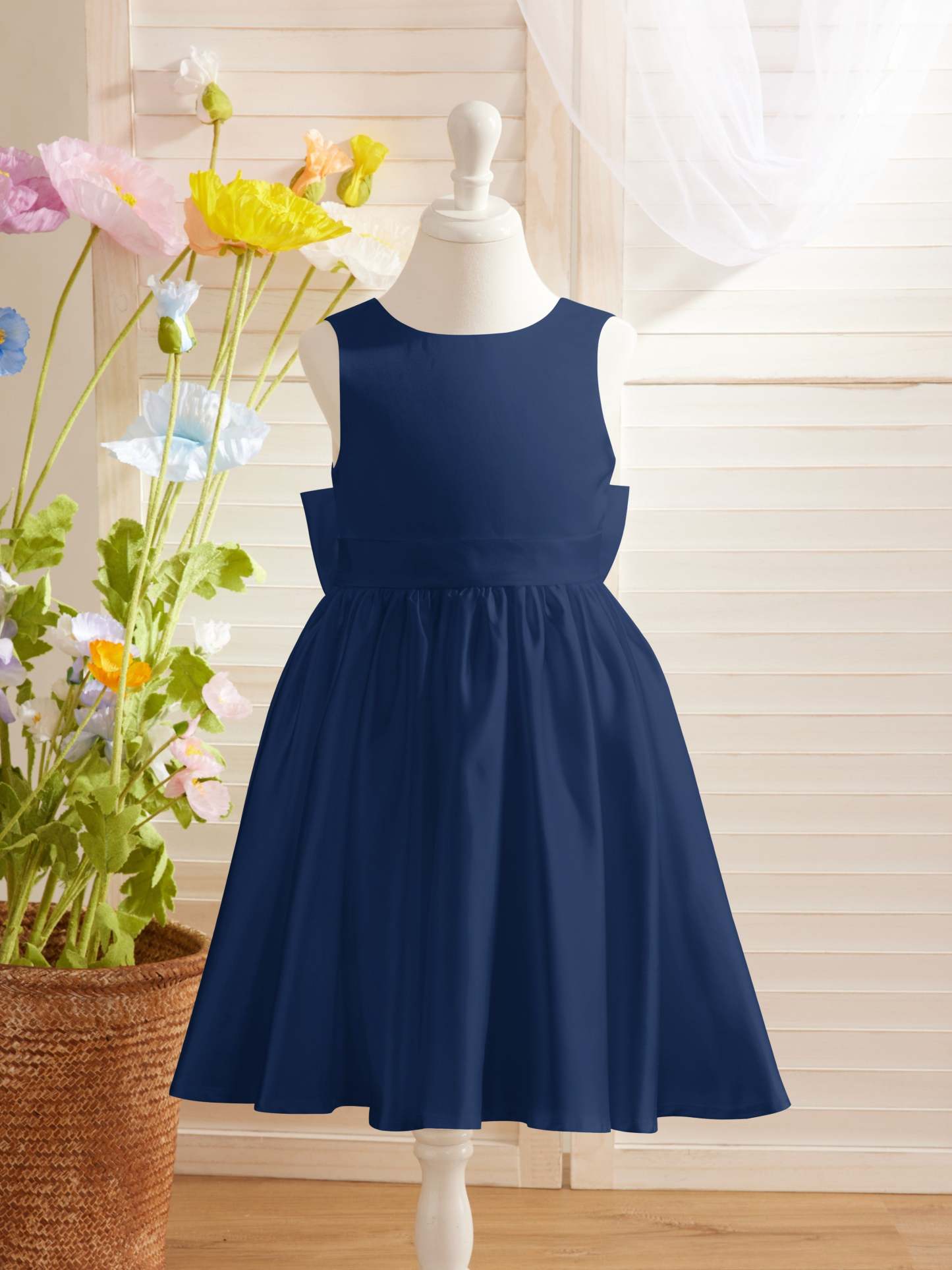 Knee-length Flower Girl Dress with Elegant A-line Satin V-Back Bow