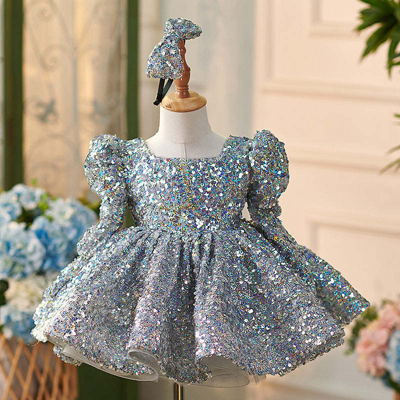 Knee-length Baby Girl Dress in Tulle with Sequins