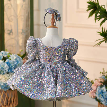 Knee-length Baby Girl Dress in Tulle with Sequins