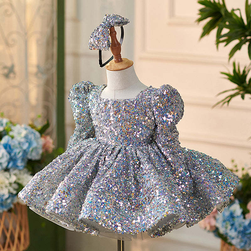 Knee-length Baby Girl Dress in Tulle with Sequins