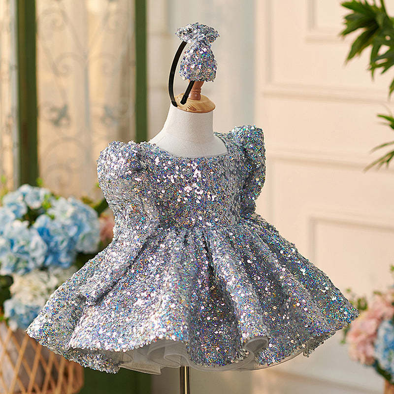 Knee-length Baby Girl Dress in Tulle with Sequins