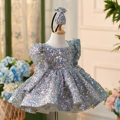 Knee-length Baby Girl Dress in Tulle with Sequins