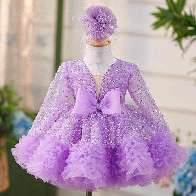 Long-sleeved lilac sequin dress with ruffles and a bowknot for baby girls knee-length