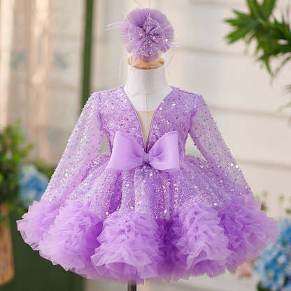 Long-sleeved lilac sequin dress with ruffles and a bowknot for baby girls knee-length