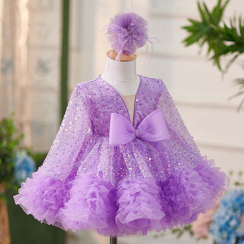 Long-sleeved lilac sequin dress with ruffles and a bowknot for baby girls knee-length