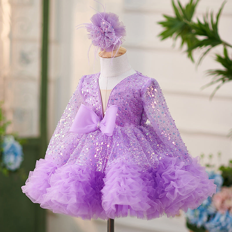 Long-sleeved lilac sequin dress with ruffles and a bowknot for baby girls knee-length