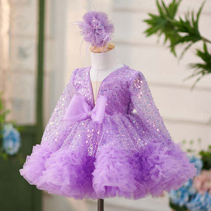 Long-sleeved lilac sequin dress with ruffles and a bowknot for baby girls knee-length