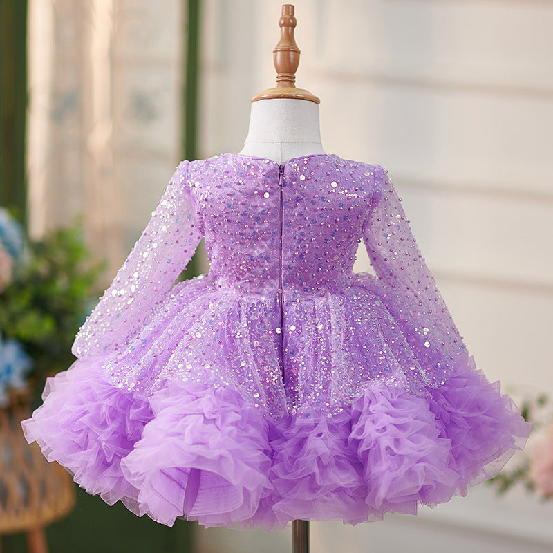 Long-sleeved lilac sequin dress with ruffles and a bowknot for baby girls knee-length