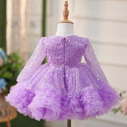 Long-sleeved lilac sequin dress with ruffles and a bowknot for baby girls knee-length