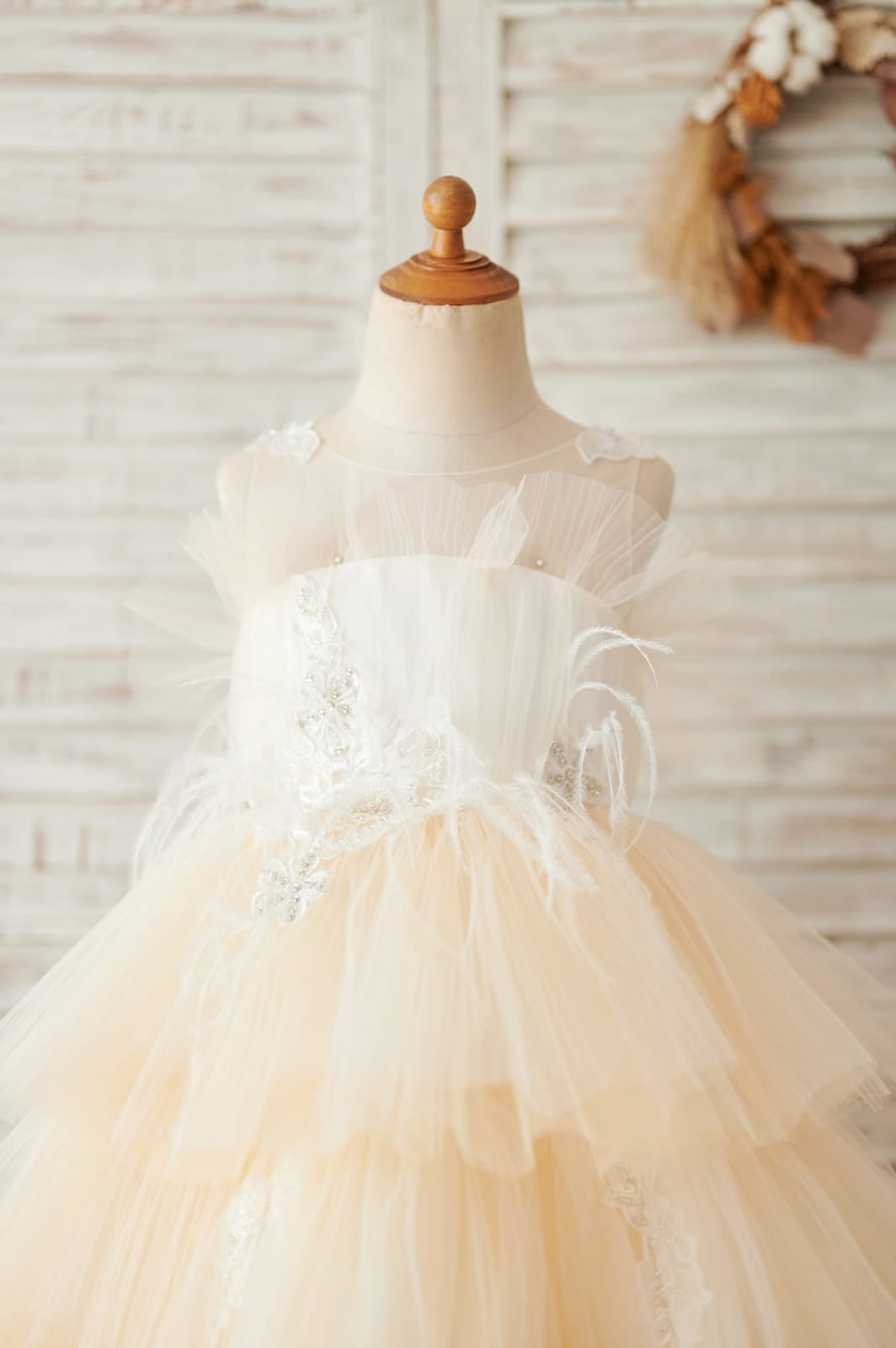 Champagne Flower Girl Dress in Knee-length Satin Tulle