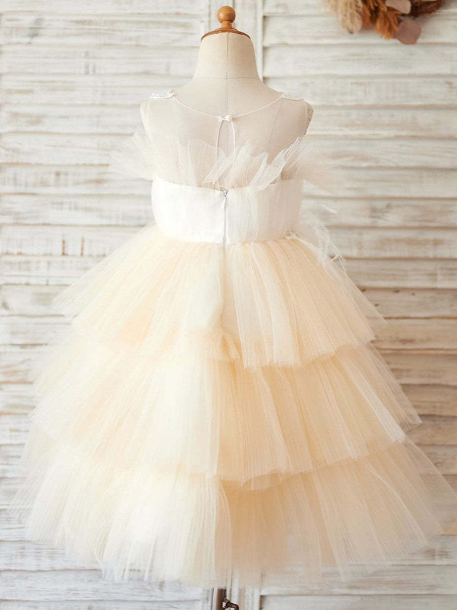 Champagne Flower Girl Dress in Knee-length Satin Tulle