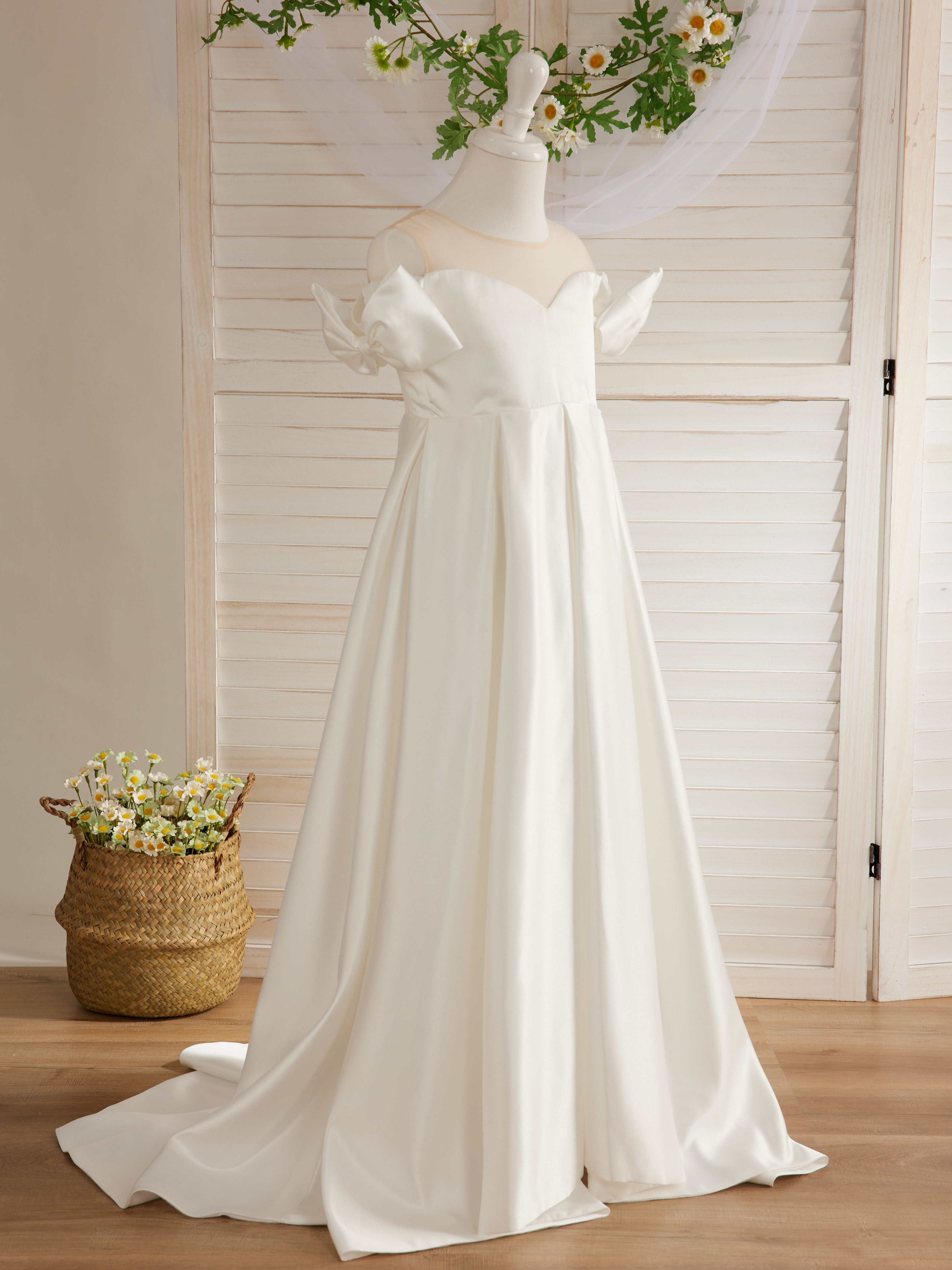 Ivory Flower Girl Dress with Satin Sweep Train