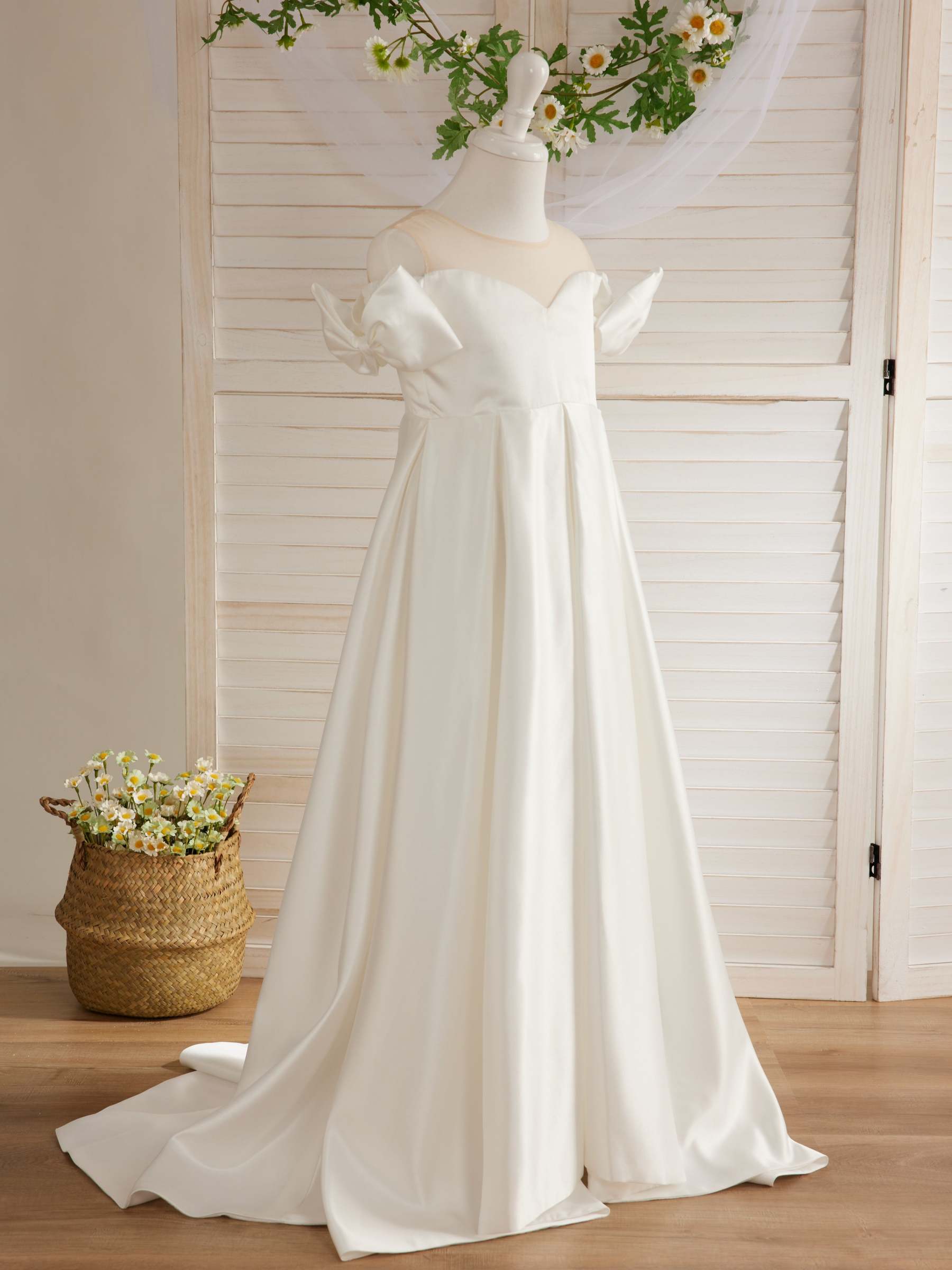 Ivory Flower Girl Dress with Satin Sweep Train
