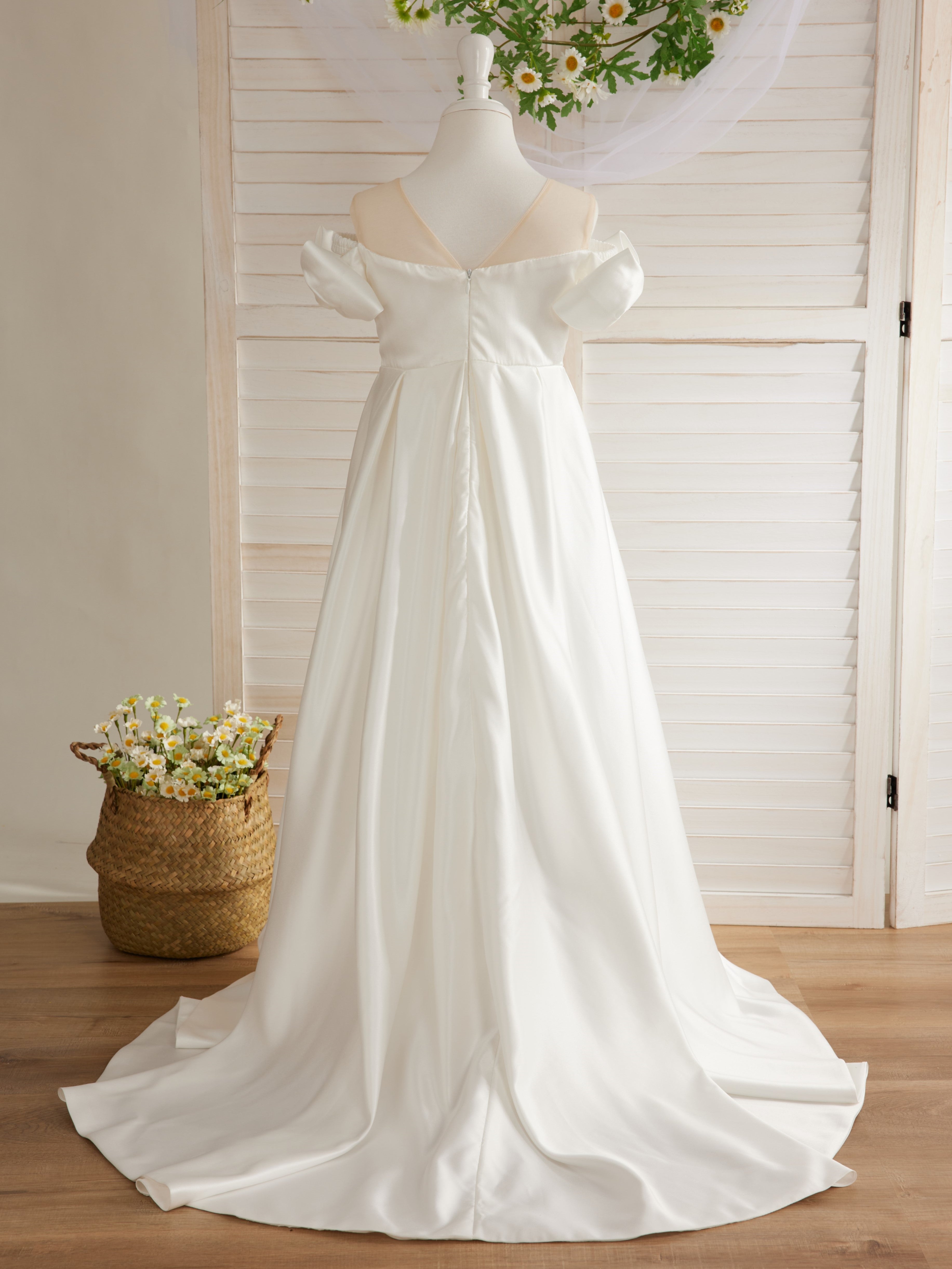 Ivory Flower Girl Dress with Satin Sweep Train