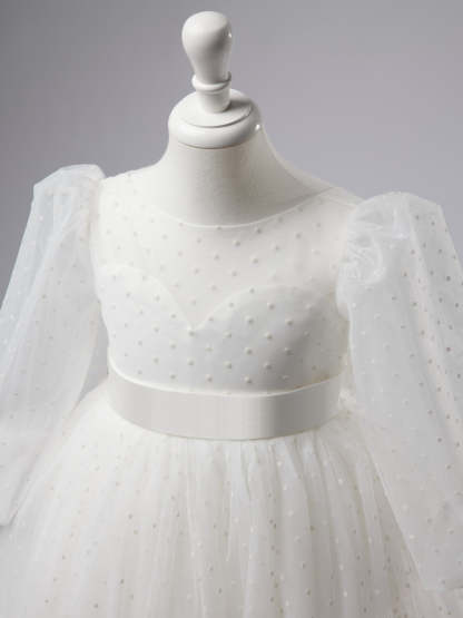 Graceful Polka Dot Tulle Dress with Puff Sleeves and Sweep Train for First Communion
