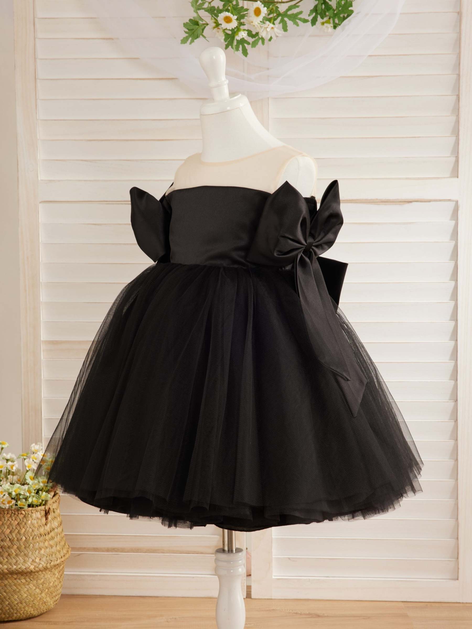 Black Tulle Baby Girl Dress with Off-Shoulder Neckline and Knee-Length Hem