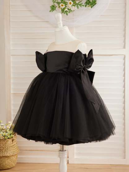 Black Tulle Baby Girl Dress with Off-Shoulder Neckline and Knee-Length Hem