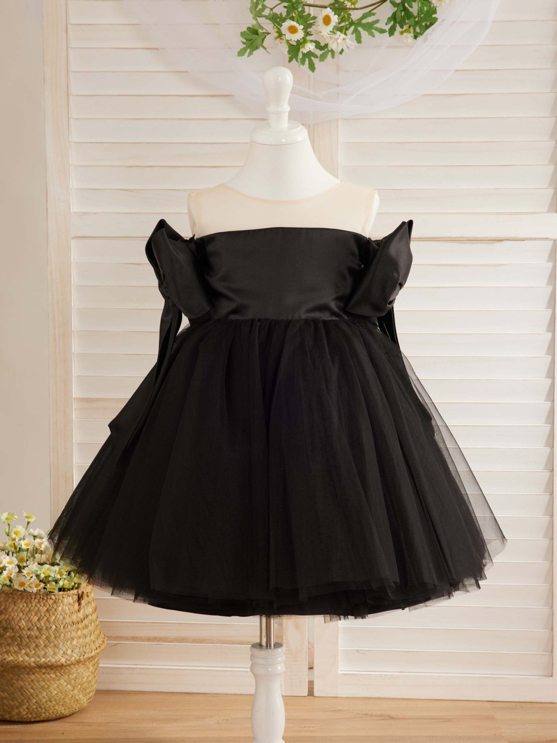 Black Tulle Baby Girl Dress with Off-Shoulder Neckline and Knee-Length Hem