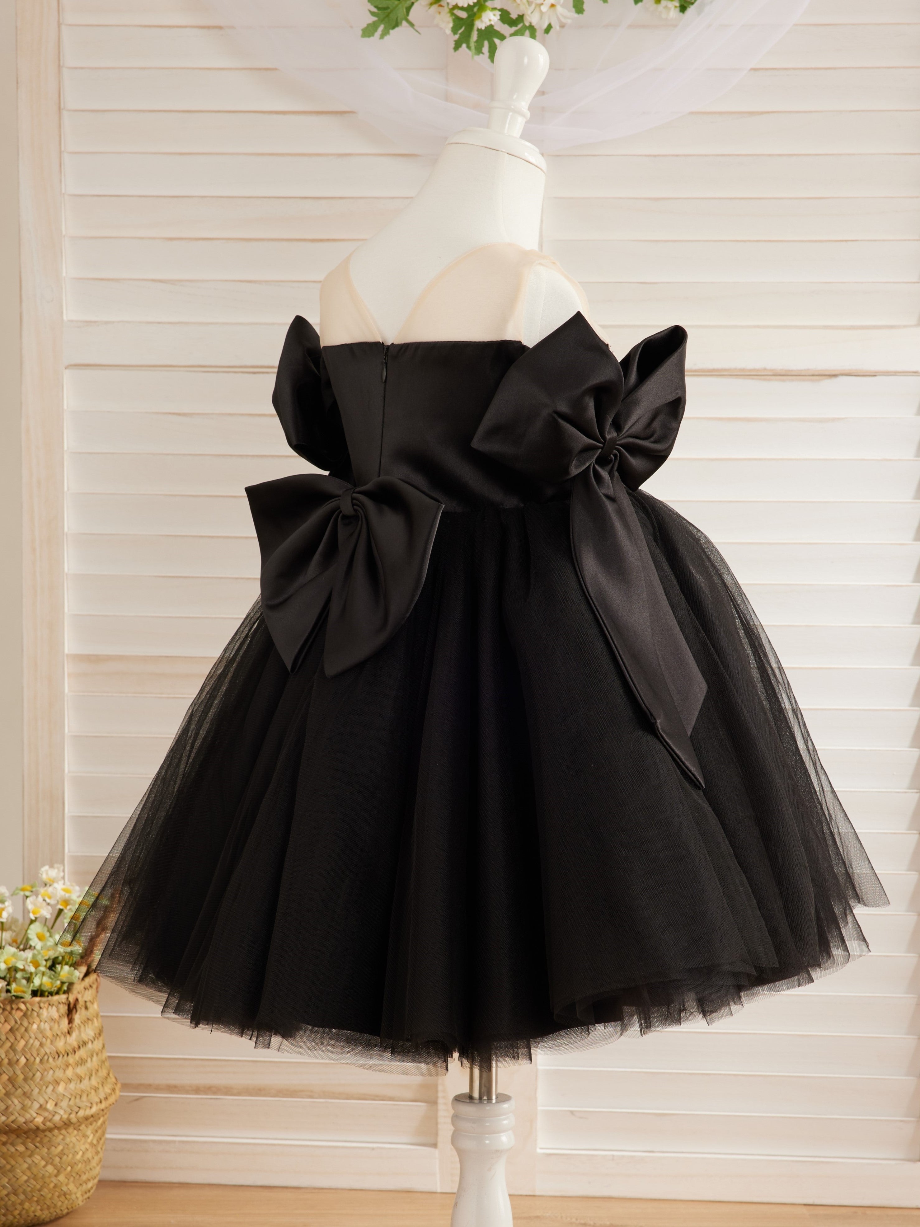 Black Tulle Baby Girl Dress with Off-Shoulder Neckline and Knee-Length Hem