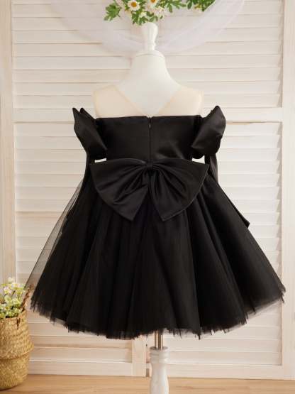 Black Tulle Baby Girl Dress with Off-Shoulder Neckline and Knee-Length Hem