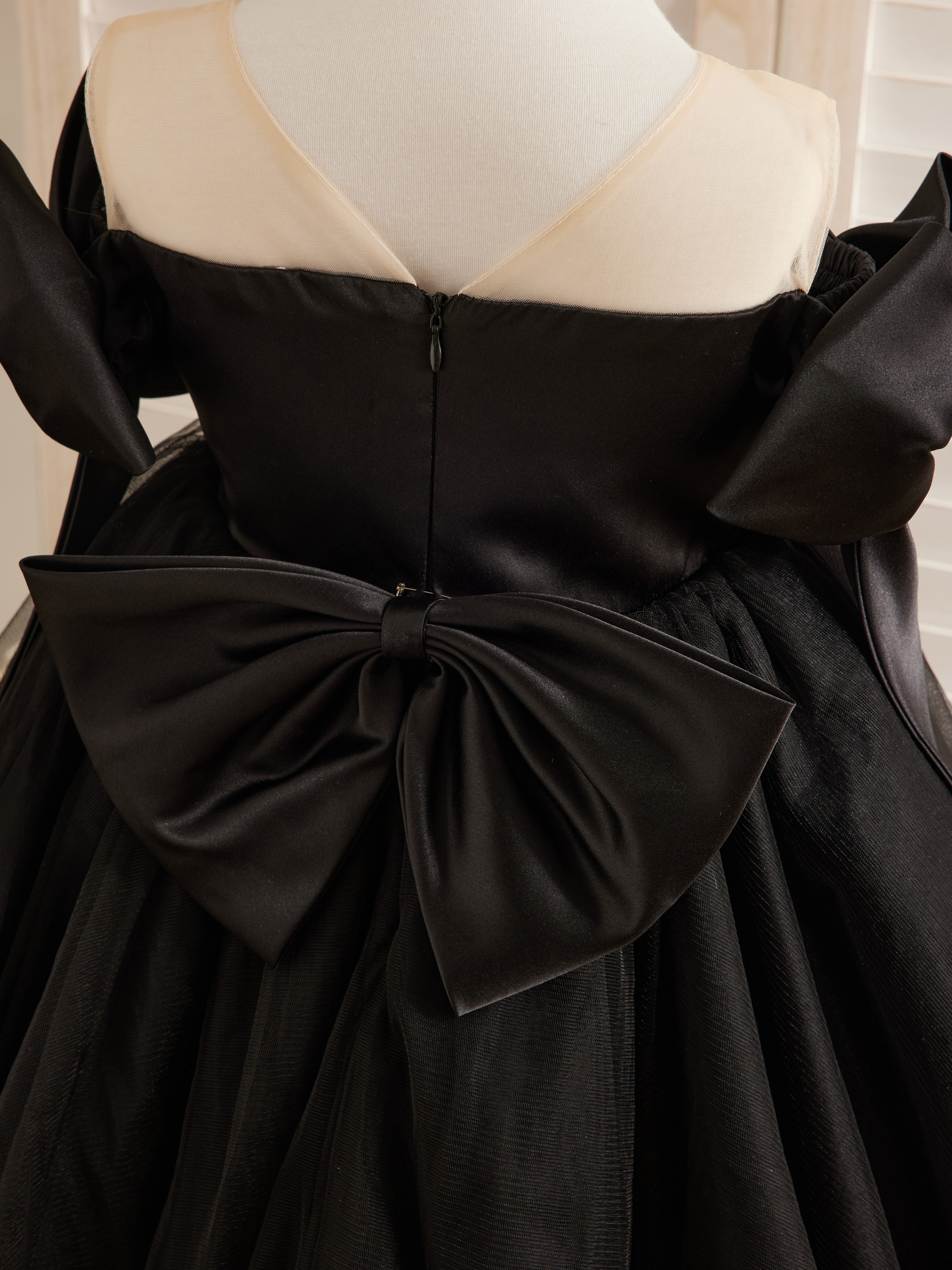 Black Tulle Baby Girl Dress with Off-Shoulder Neckline and Knee-Length Hem