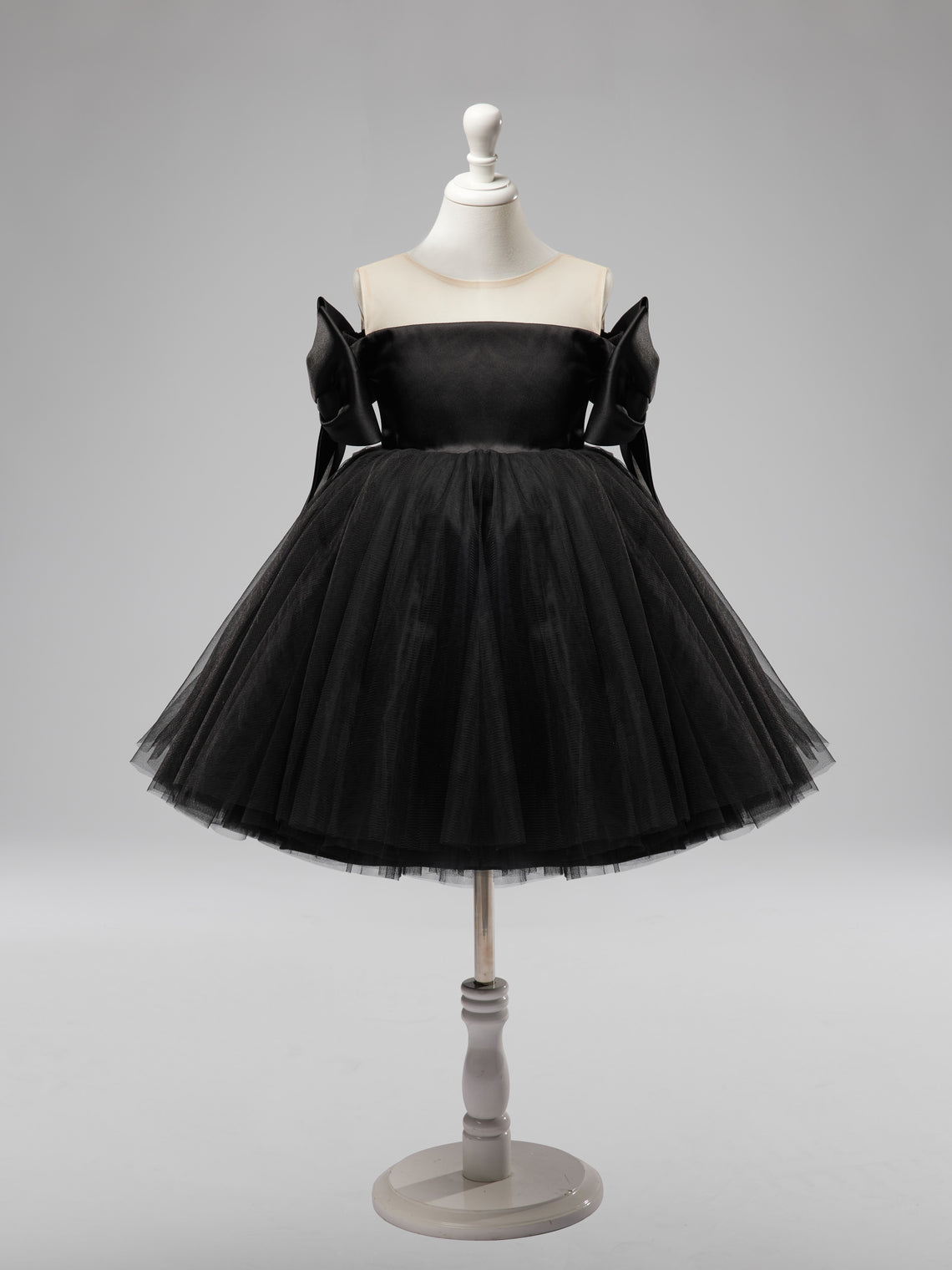 Black Tulle Baby Girl Dress with Off-Shoulder Neckline and Knee-Length Hem