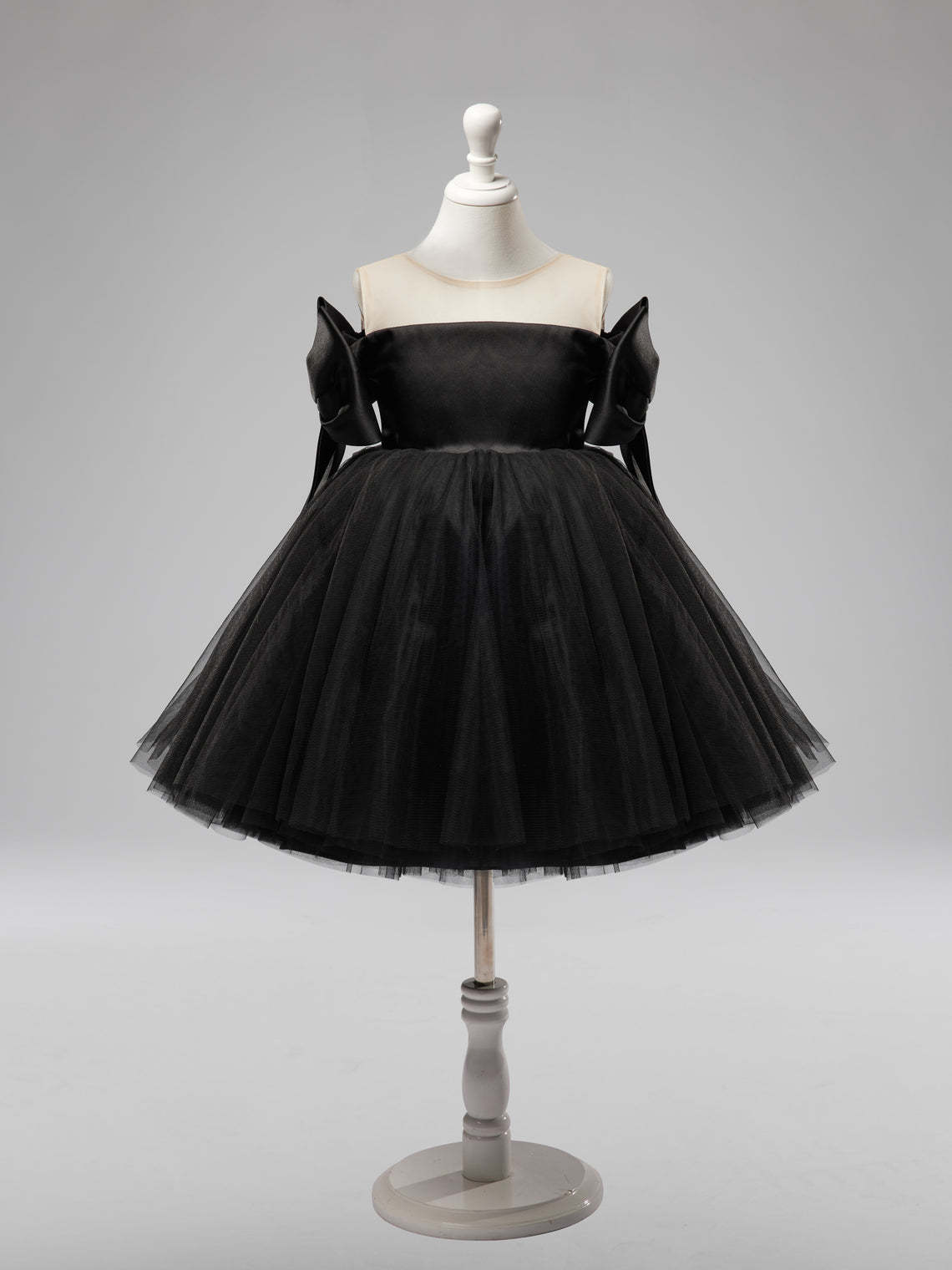 Black Tulle Baby Girl Dress with Off-Shoulder Neckline and Knee-Length Hem