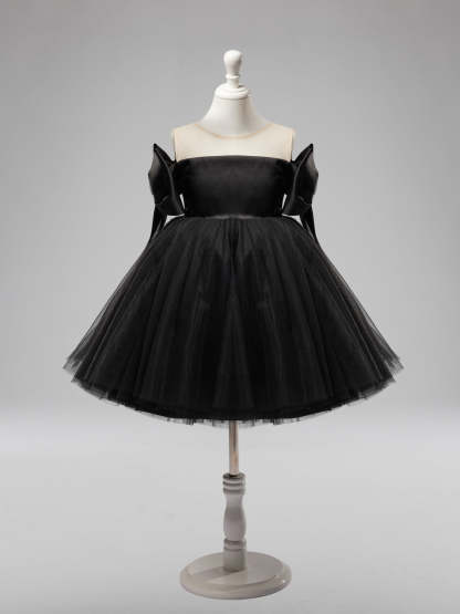 Black Tulle Baby Girl Dress with Off-Shoulder Neckline and Knee-Length Hem