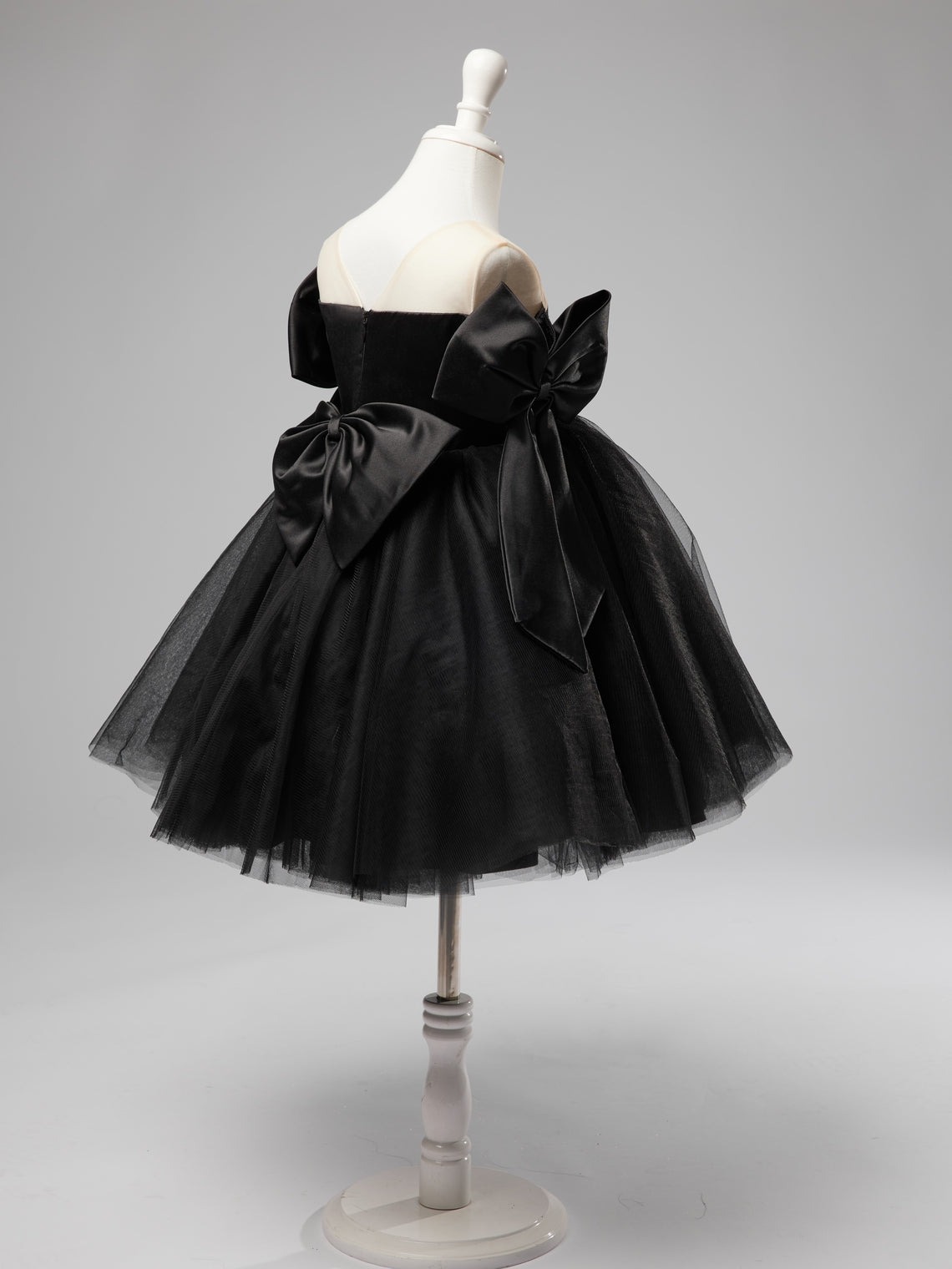 Black Tulle Baby Girl Dress with Off-Shoulder Neckline and Knee-Length Hem