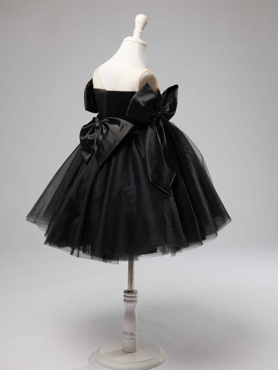 Black Tulle Baby Girl Dress with Off-Shoulder Neckline and Knee-Length Hem