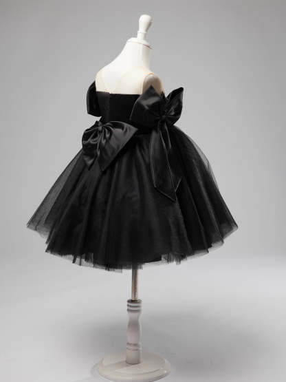 Black Tulle Baby Girl Dress with Off-Shoulder Neckline and Knee-Length Hem