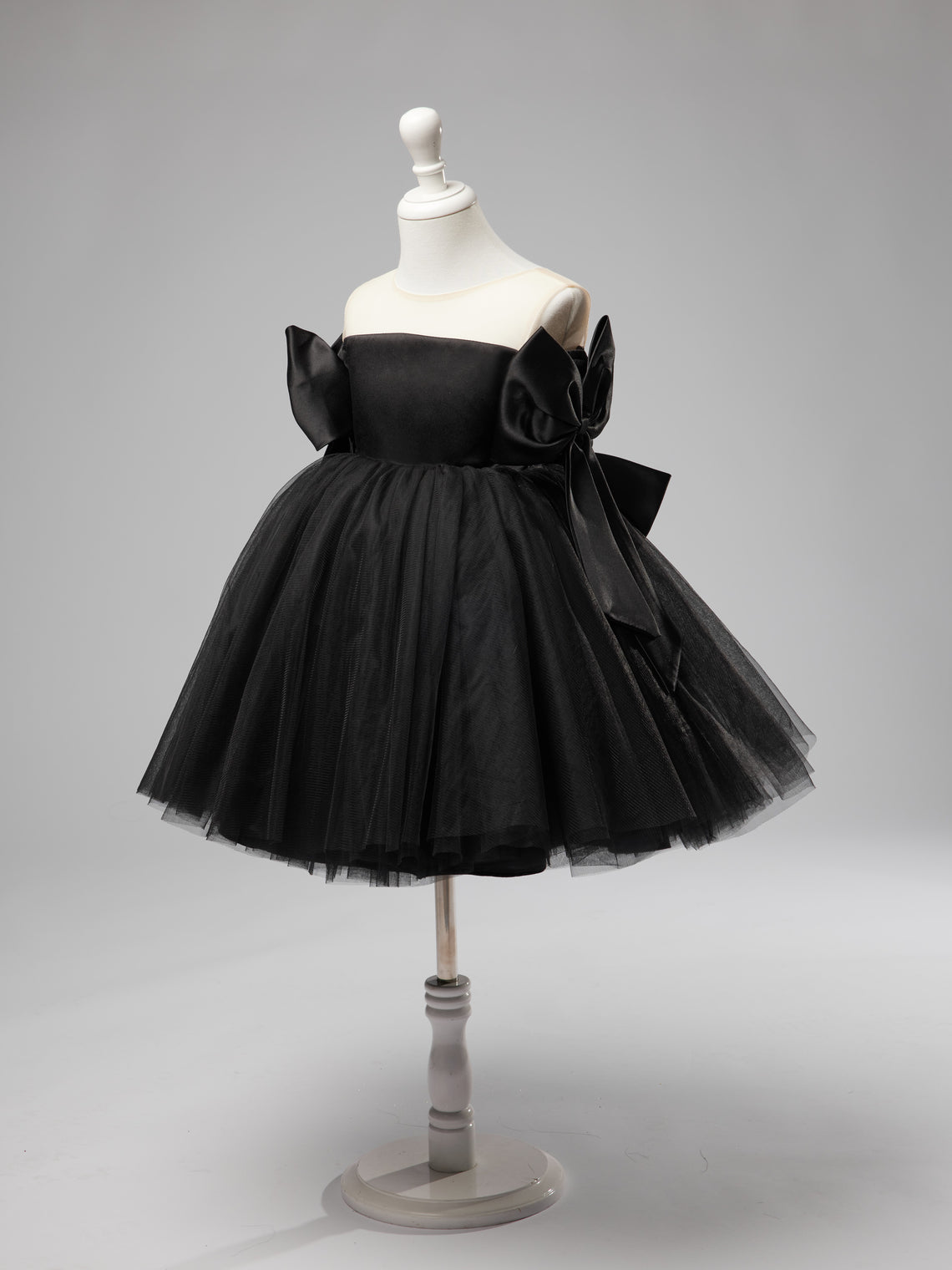 Black Tulle Baby Girl Dress with Off-Shoulder Neckline and Knee-Length Hem