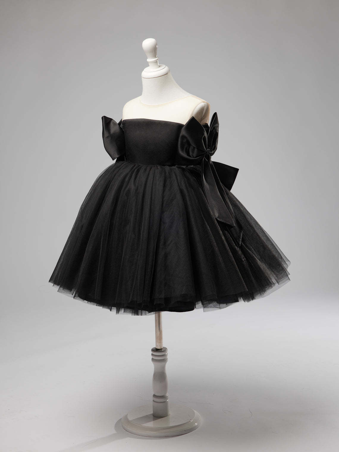 Black Tulle Baby Girl Dress with Off-Shoulder Neckline and Knee-Length Hem