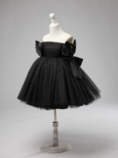 Black Tulle Baby Girl Dress with Off-Shoulder Neckline and Knee-Length Hem