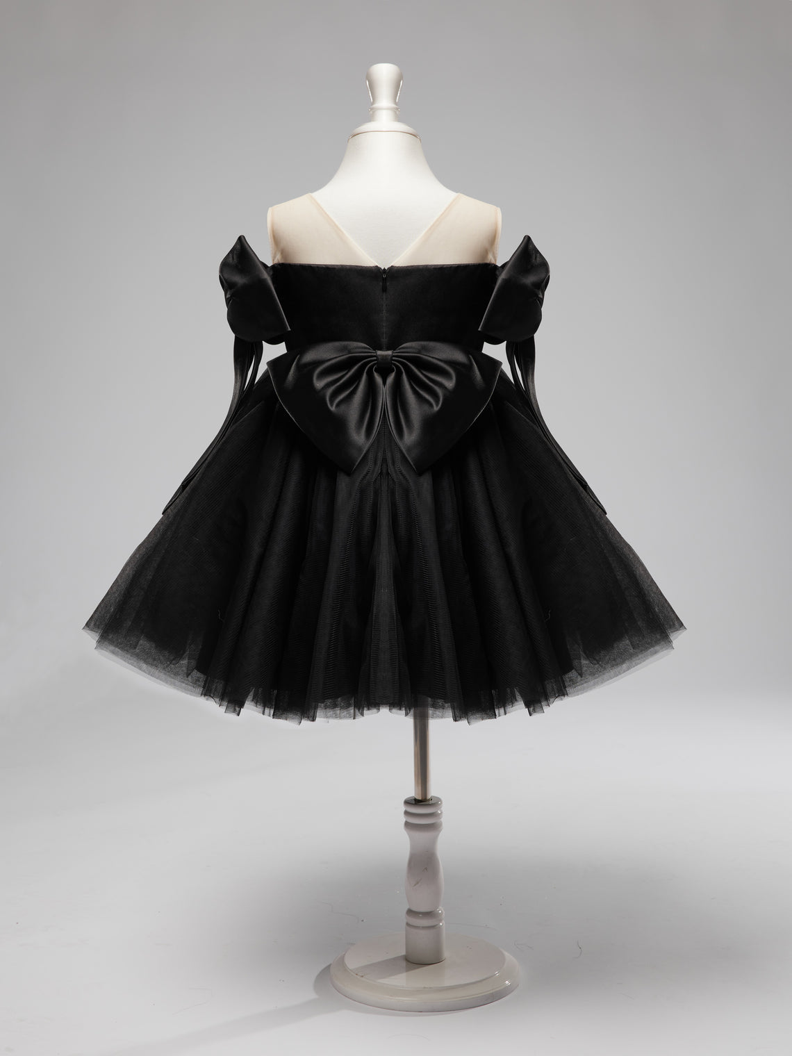 Black Tulle Baby Girl Dress with Off-Shoulder Neckline and Knee-Length Hem