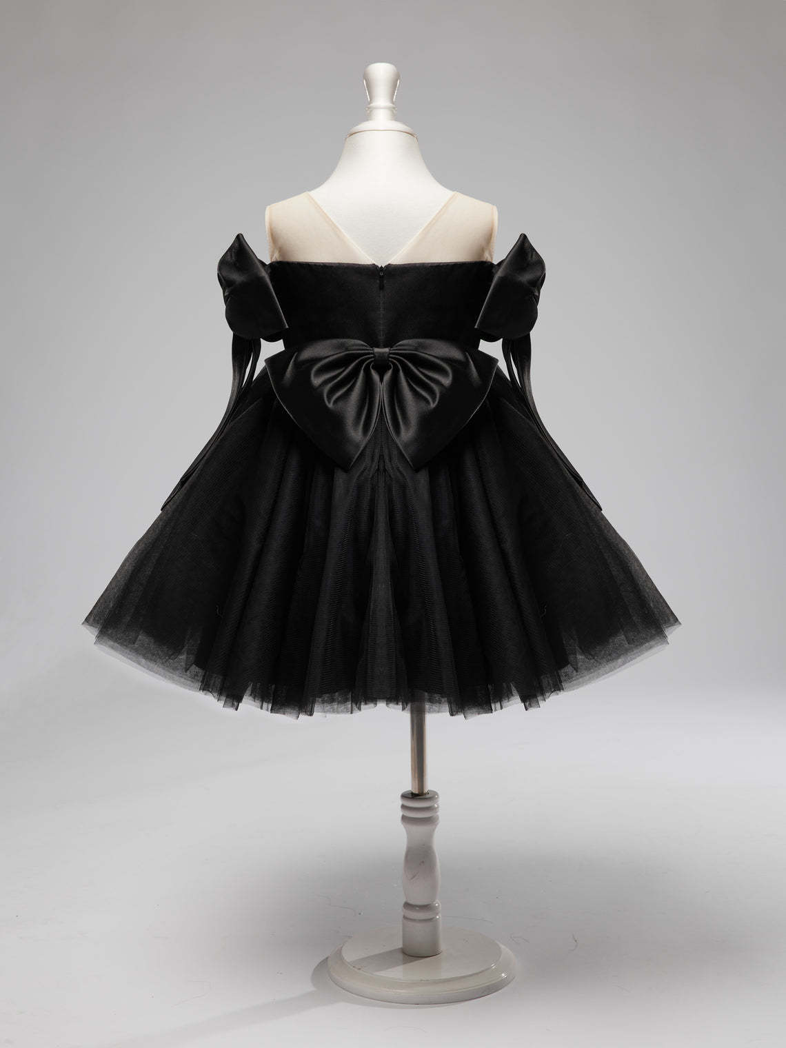Black Tulle Baby Girl Dress with Off-Shoulder Neckline and Knee-Length Hem