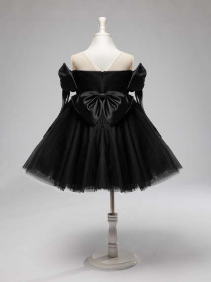 Black Tulle Baby Girl Dress with Off-Shoulder Neckline and Knee-Length Hem