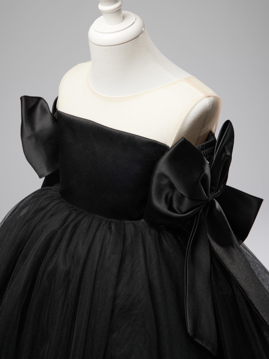 Black Tulle Baby Girl Dress with Off-Shoulder Neckline and Knee-Length Hem