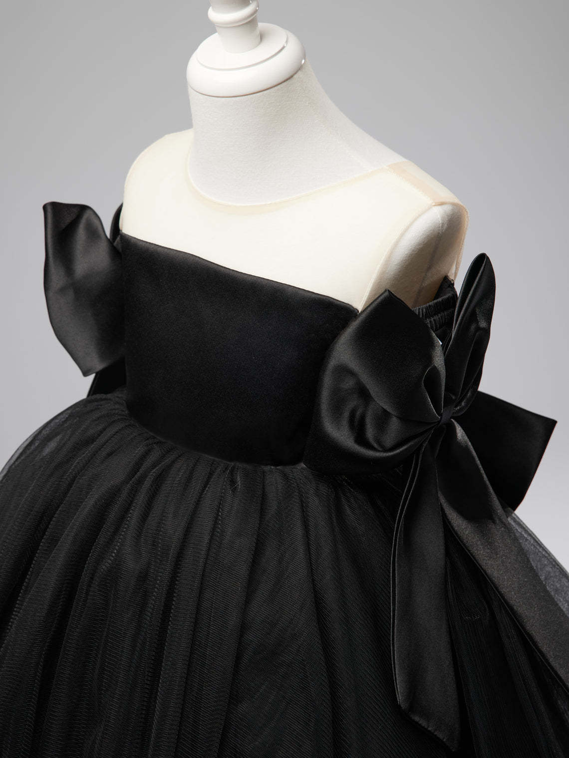 Black Tulle Baby Girl Dress with Off-Shoulder Neckline and Knee-Length Hem