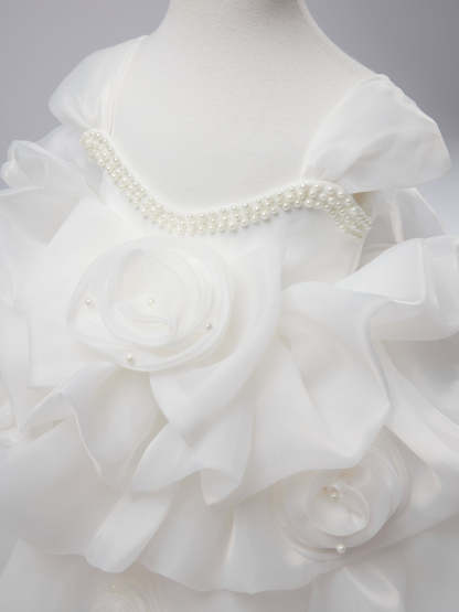 Knee-length Organza Baby Girl Dress with 3D Flowers for 1st Birthday