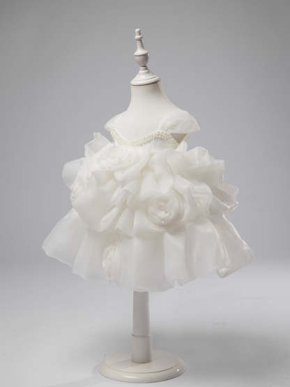 Knee-length Organza Baby Girl Dress with 3D Flowers for 1st Birthday