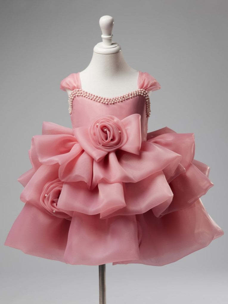 Knee-length Organza Baby Girl Dress with 3D Flowers for 1st Birthday