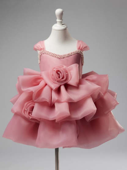 Knee-length Organza Baby Girl Dress with 3D Flowers for 1st Birthday