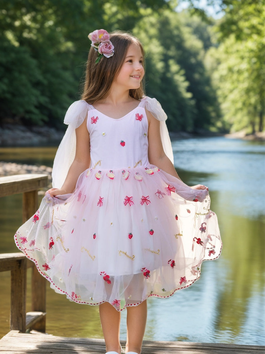 Knee-length Flower Girl Dress with Strawberry Embroidery in Tulle